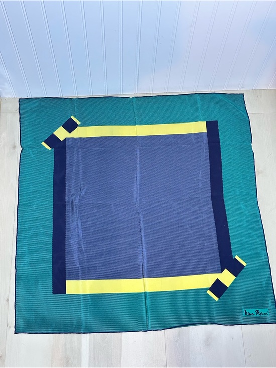 Nina Ricci Accessories - Nina Ricci Teal, Navy & Yellow Graphic Square Silk Scarf Italy 30x30